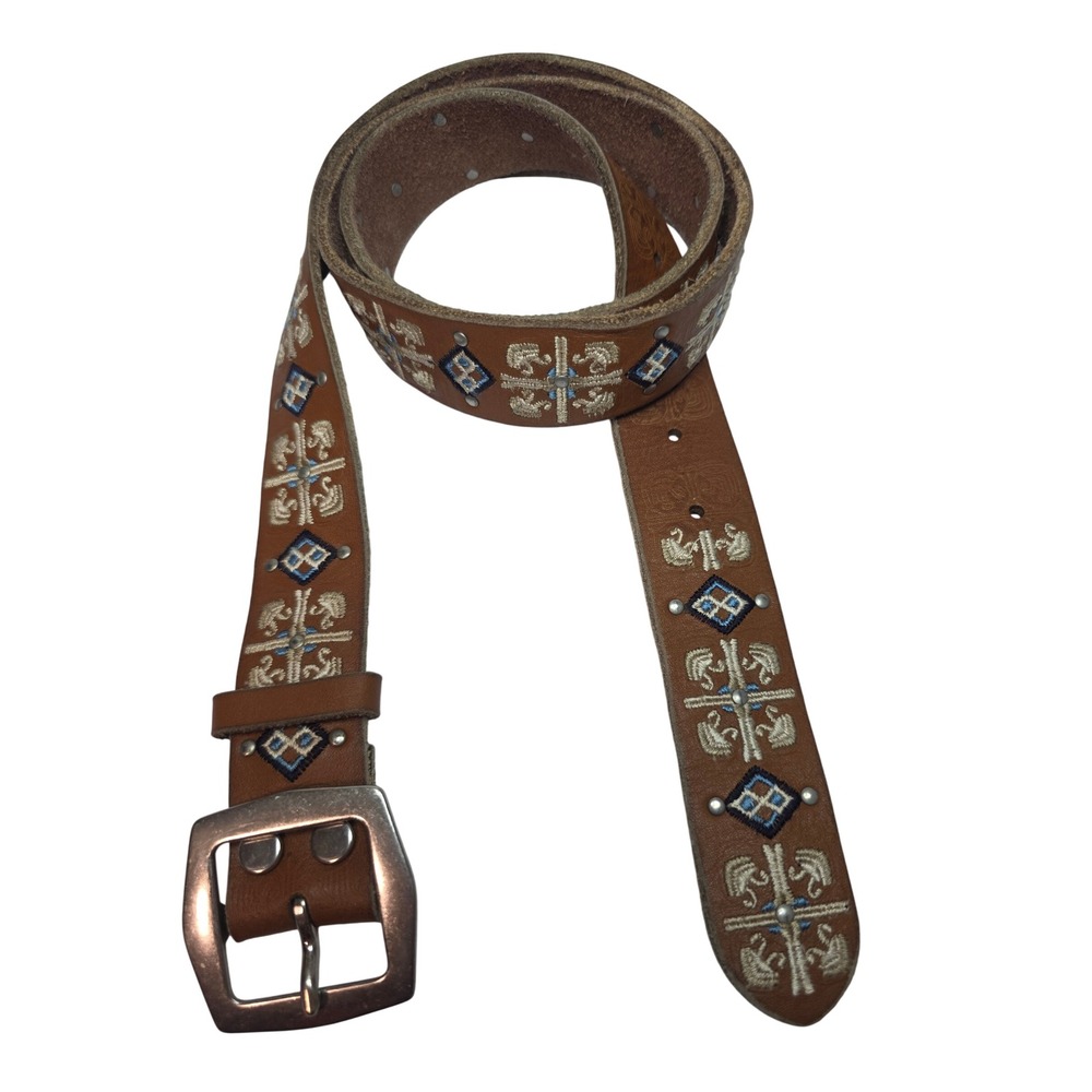Vintage LuckyBrand Brown Leather Embroidered Southwestern Studded Belt XL Boho